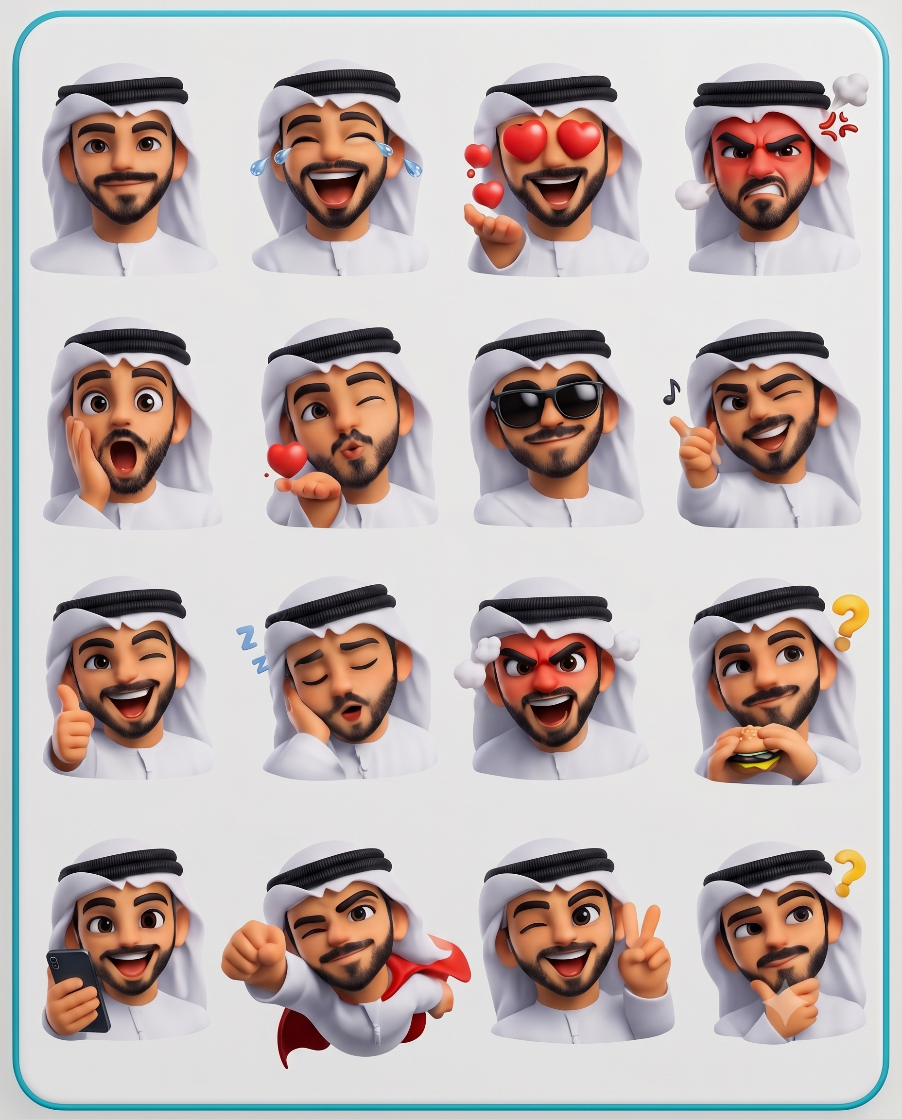 Create a high-quality 3D cartoon emoji sticker sheet
